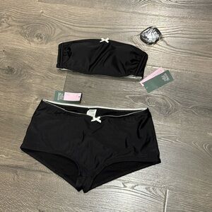 Black Strapless Bikini Short Set with Lace Trim